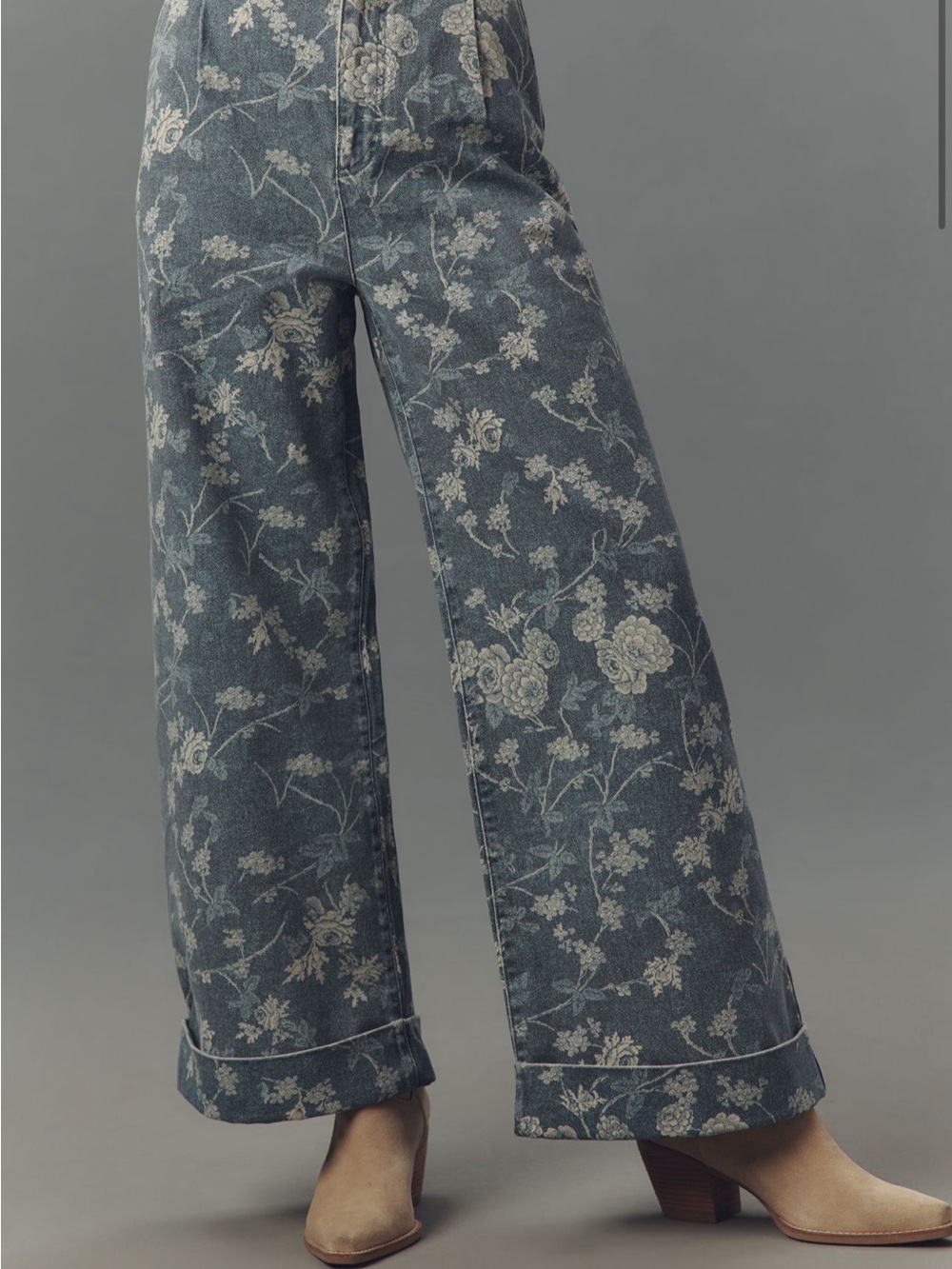 Anthropologie Blue Denim Wide-Leg Jeans with Cream Floral Print